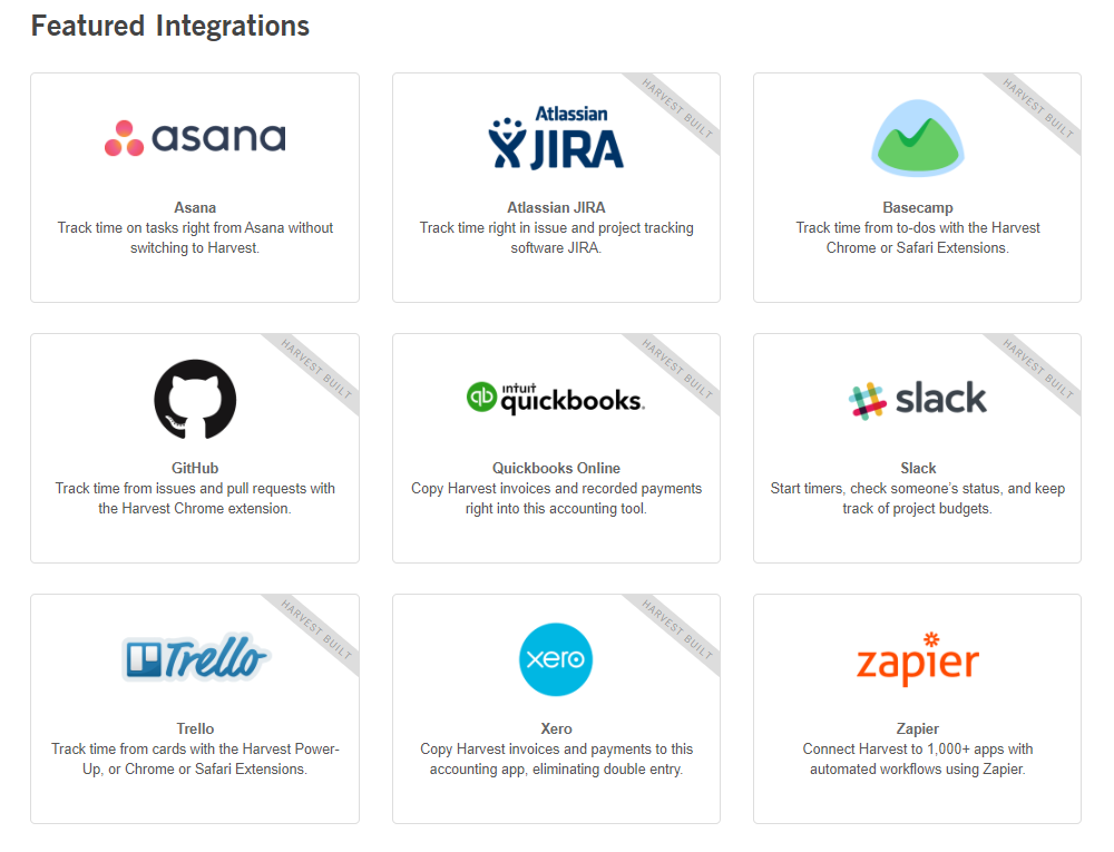 Harvest integrations SaaS integrations page example