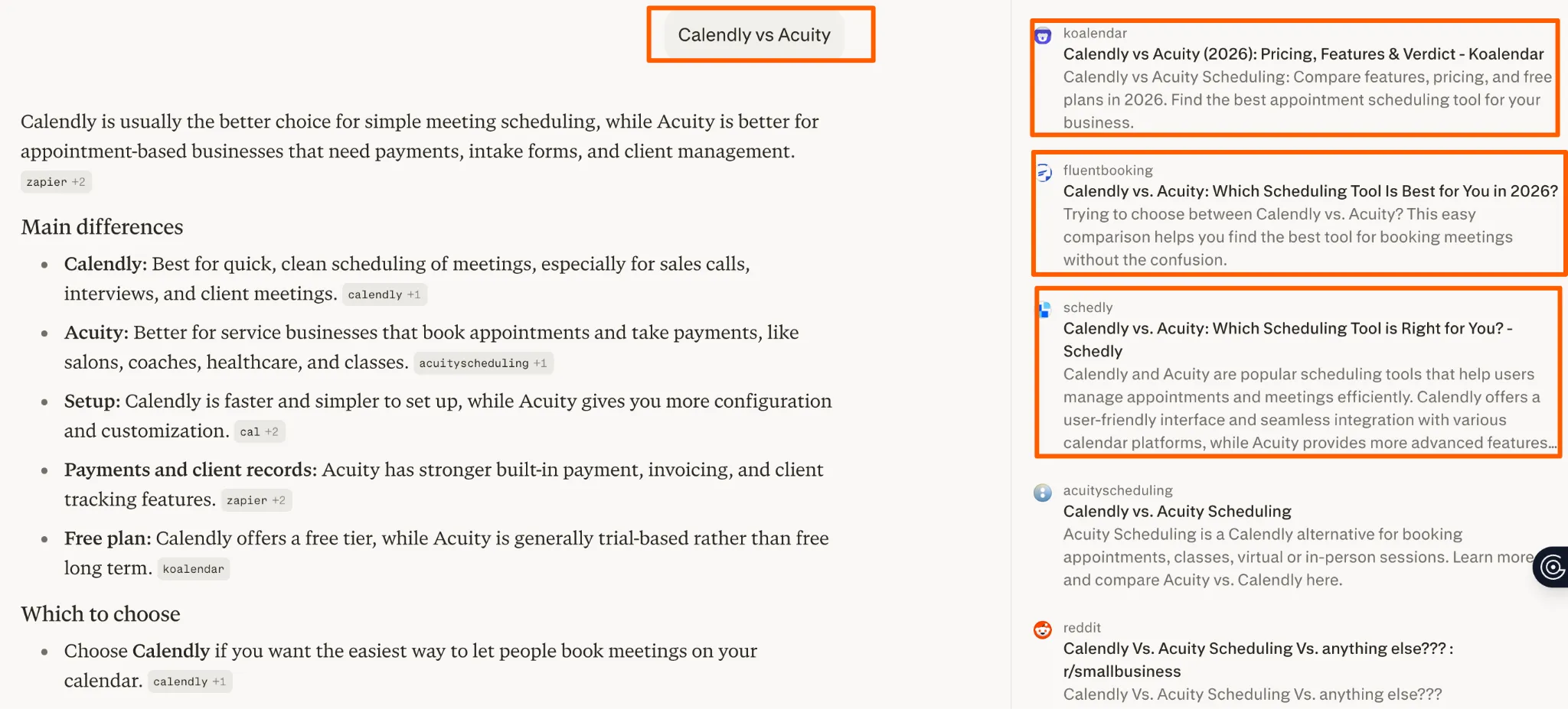 Perplexity Calendly vs Acuity result citing Koalendar, Fluentbooking, and Schedly — three competitors of the brands being compared