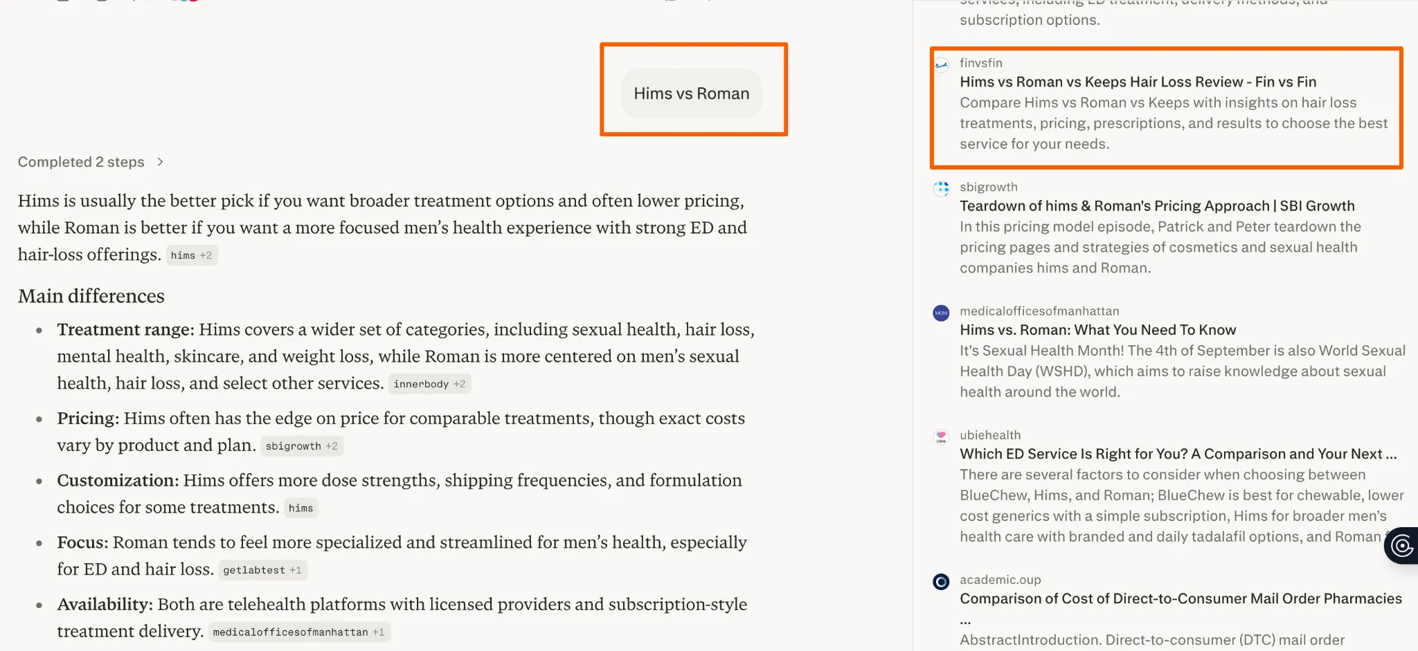 Perplexity result for Hims vs Roman with a three-way Hims, Roman, Keeps comparison page as the top citation