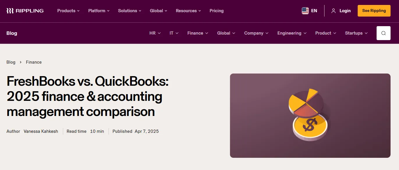 Rippling's FreshBooks vs QuickBooks 2025 comparison article surfaced as a citation in ChatGPT