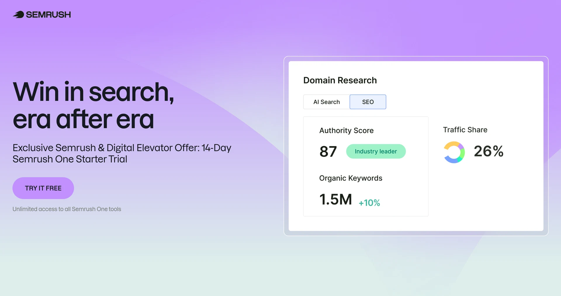 Semrush One landing page with the exclusive Digital Elevator 14-day trial offer