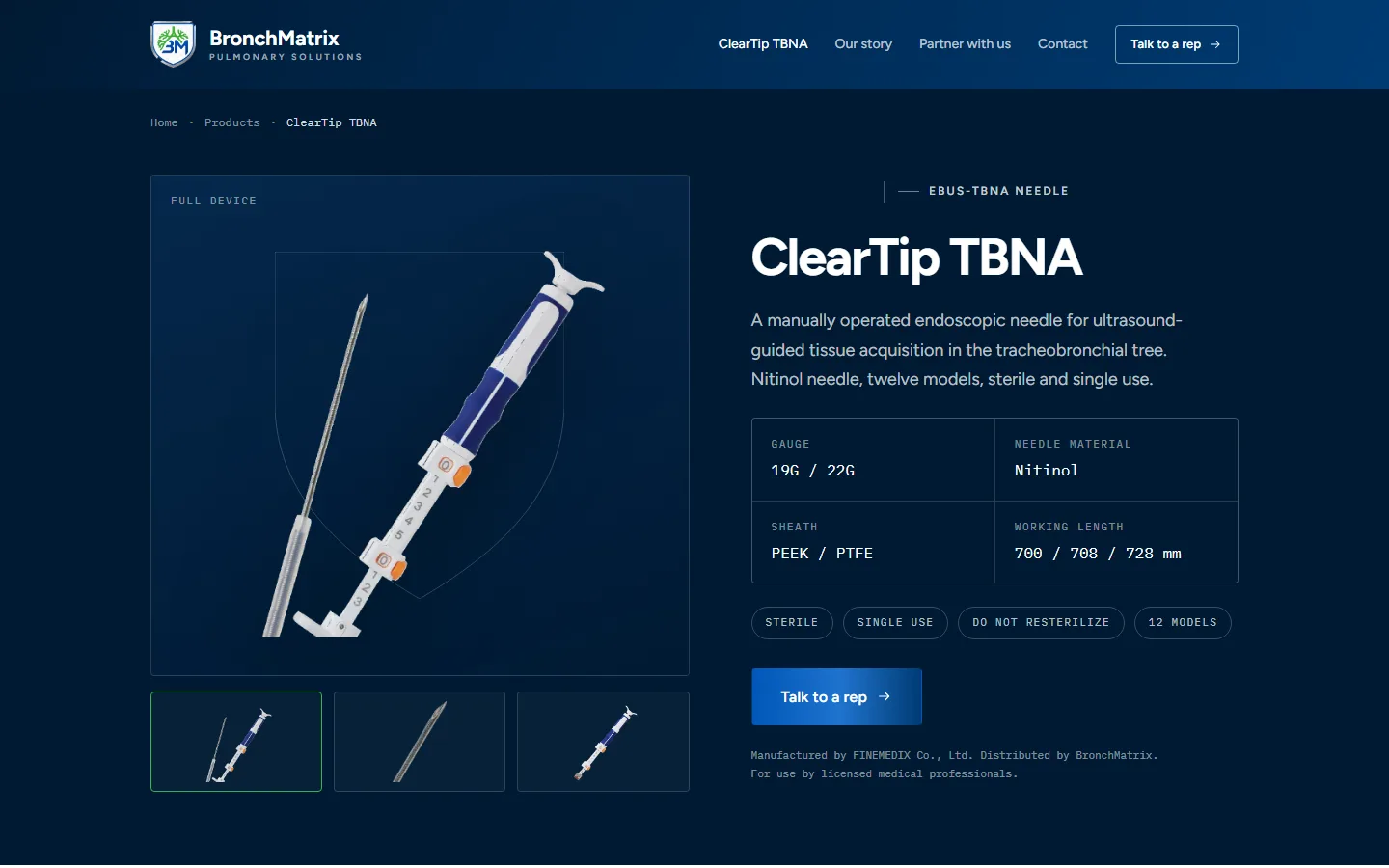 ClearTip TBNA product page with specifications sourced from the manufacturer