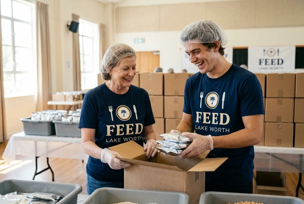 AI-generated image of Feed Lake Worth volunteers boxing meals in branded shirts
