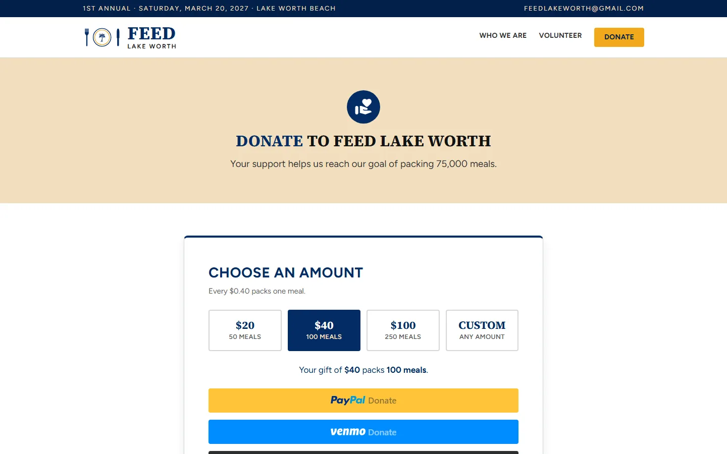 Feed Lake Worth donate page with amounts priced in meals
