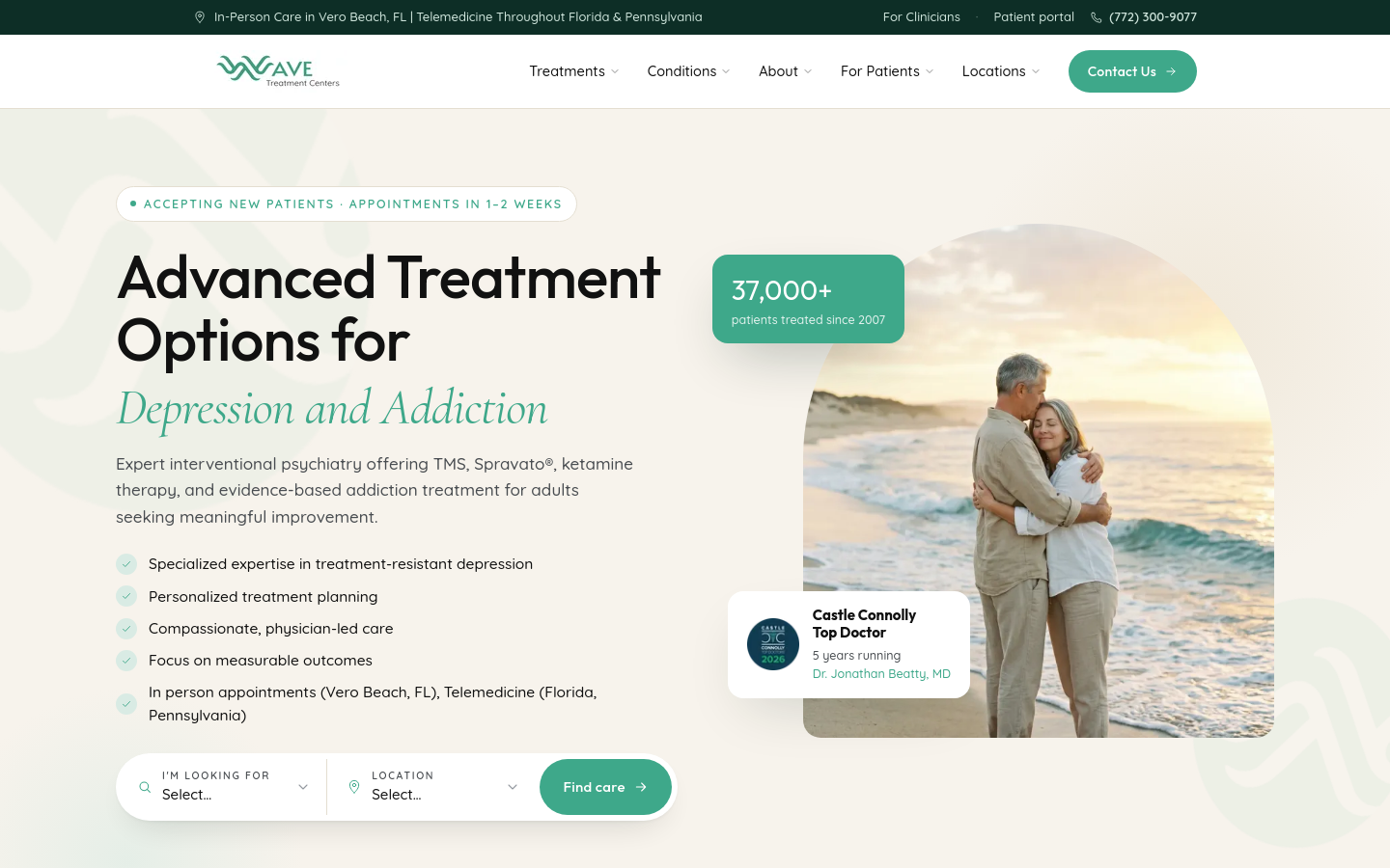 Wave Treatment Centers homepage built by Digital Elevator