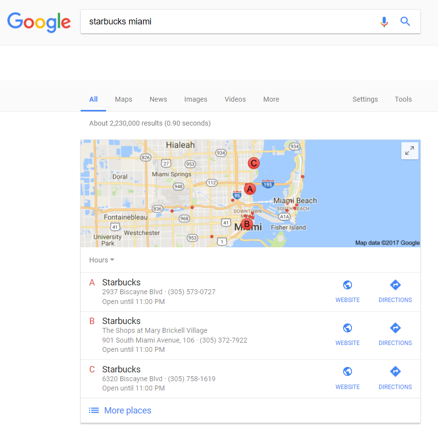 example of good multilocation local SEO- Starbucks