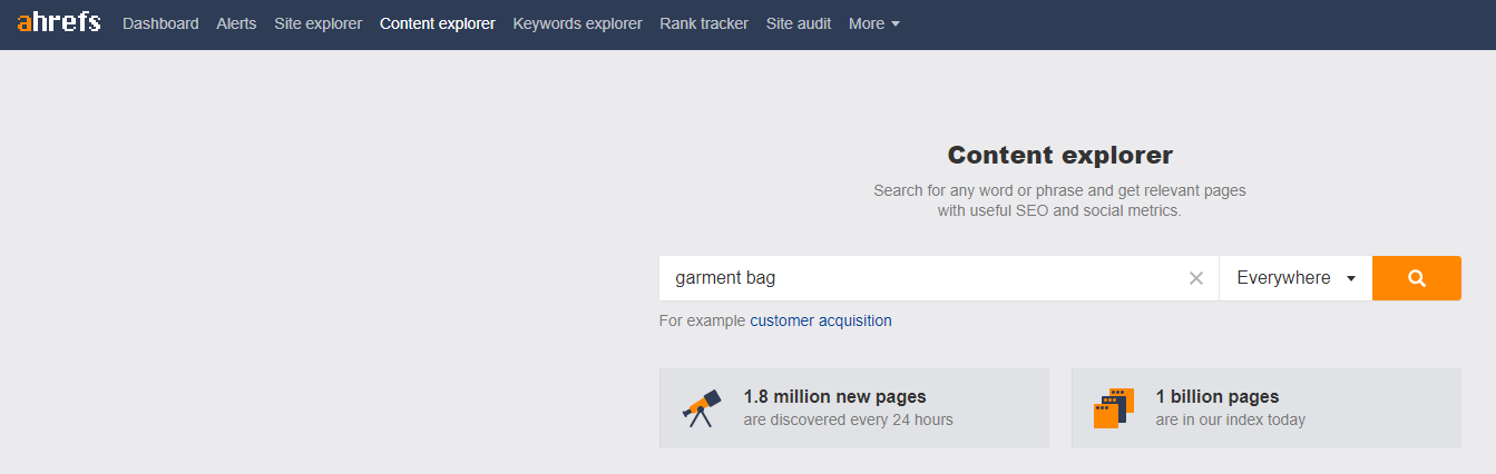 keyword competition garment bag content explorer